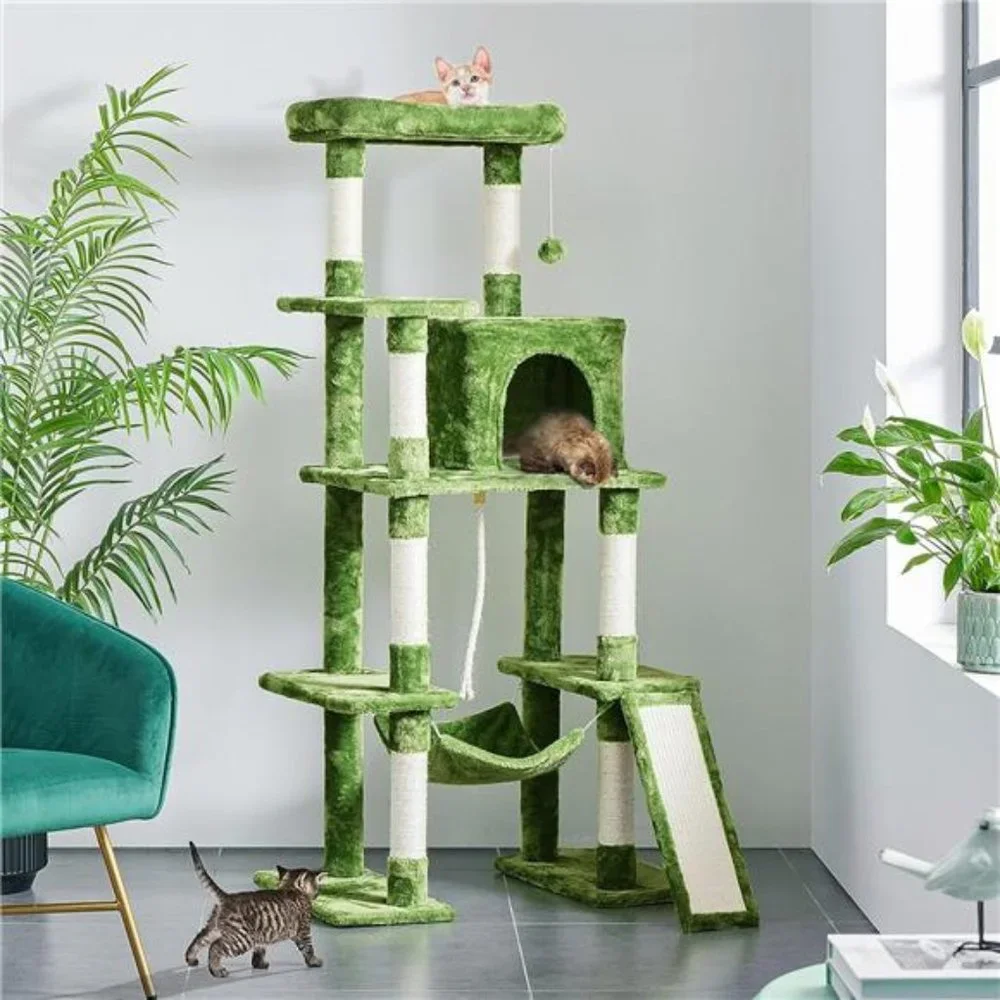 63in Multi-Level Tall Cat Tree w/Sisal-Covered Scratching Posts & Condo, Green